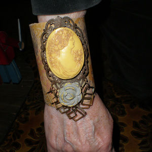 Statement Cameo Leather Cuff OOAK Art To Wear Wide